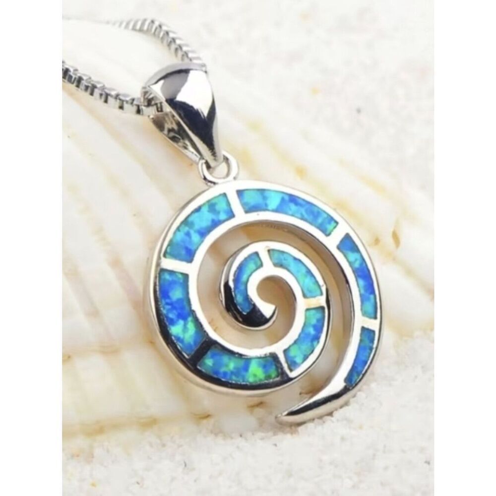 Spiral Necklace Blue Iridescent Pendant Design Silver Plate